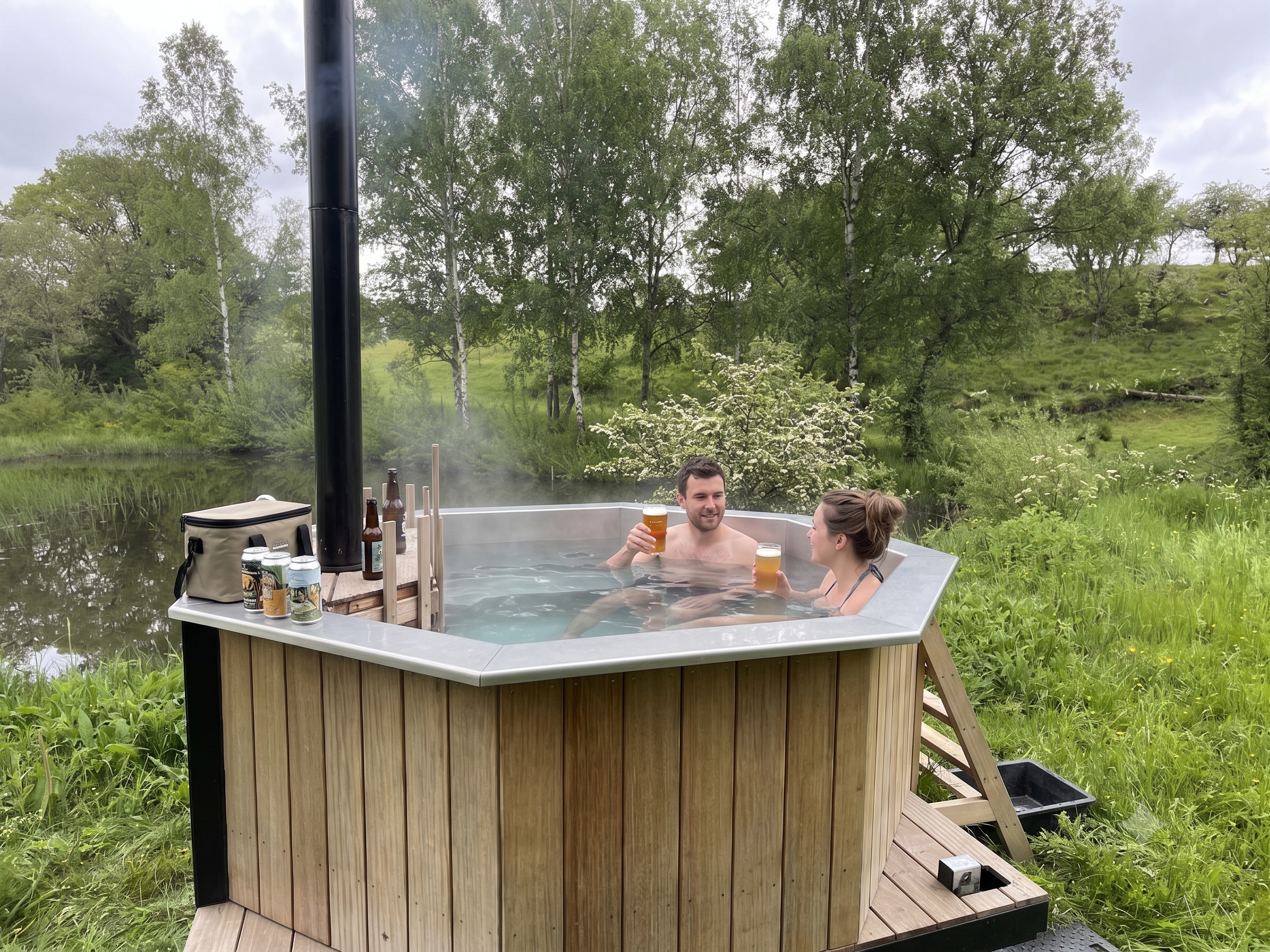 2 jeunes personnes en train de boire une biere dans un spa nomade